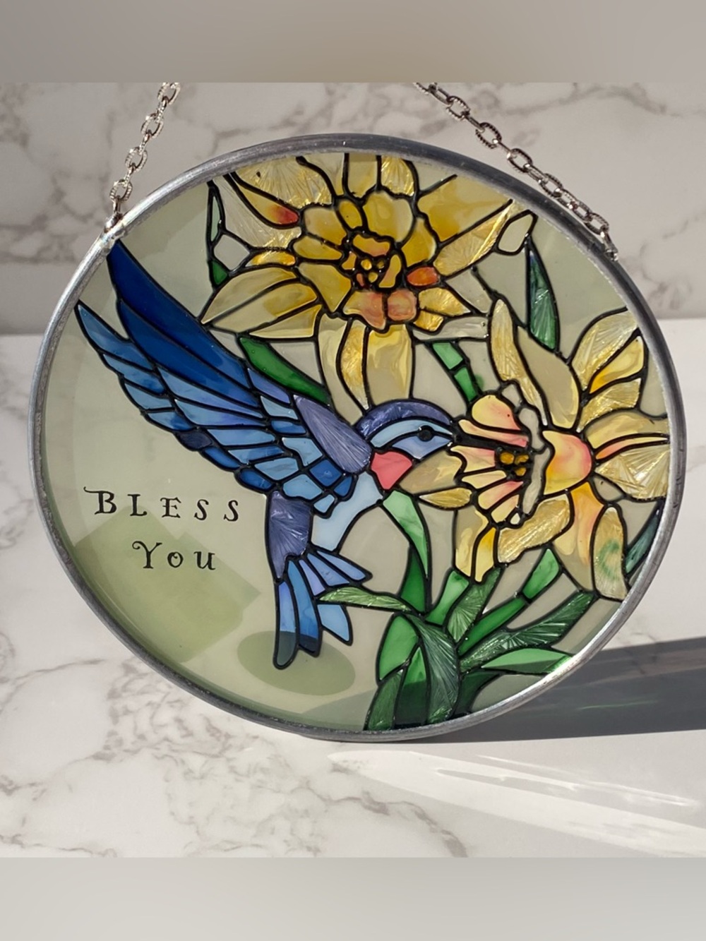 Vintage Joan Baker Hand Painted Glass Sun Catcher Hummingbird “Bless You” NEW